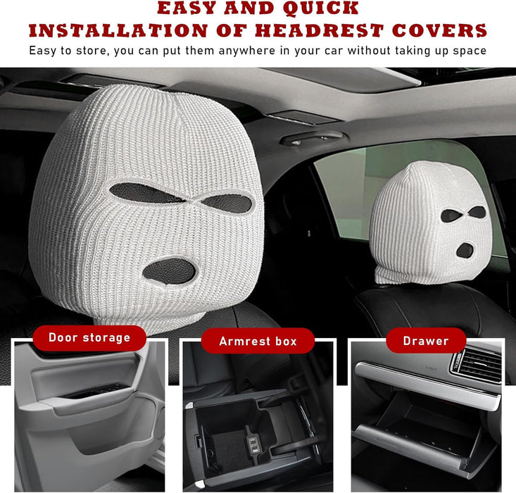 2 PCS Car Headrest Cover, Personalized Funny Car Seat Full Face Mask, Ski Mask Wrap Protection for Auto Front Seat Rest Decoration, Universal Interior Car Accessories (White)