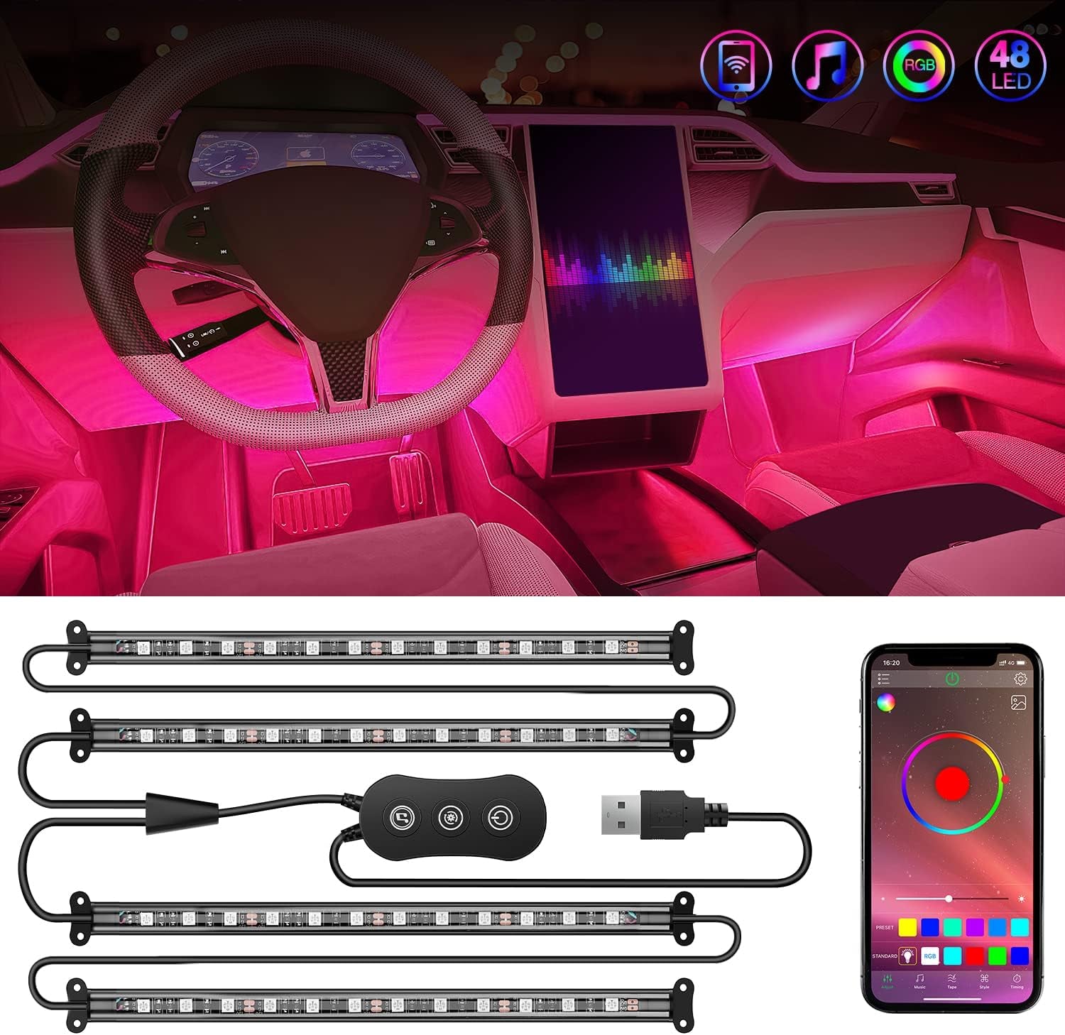 4PCS USB Interior Car Lights 48 Leds