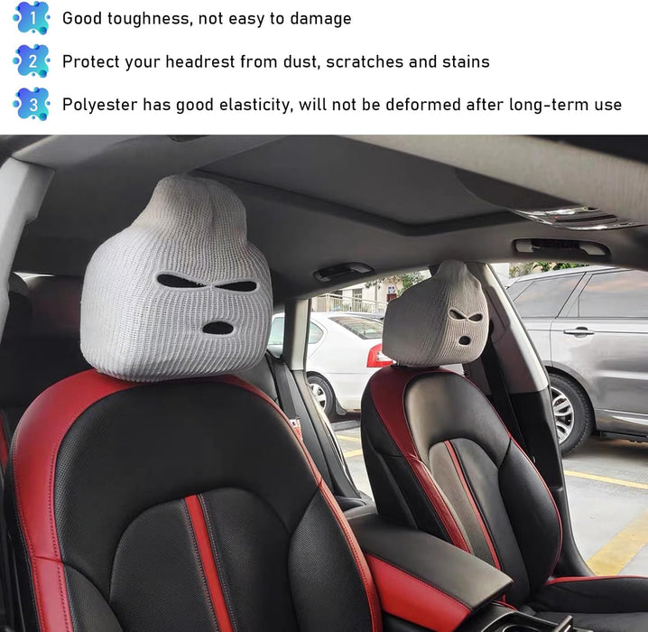 2 PCS Car Headrest Cover, Personalized Funny Car Seat Full Face Mask, Ski Mask Wrap Protection for Auto Front Seat Rest Decoration, Universal Interior Car Accessories (White)