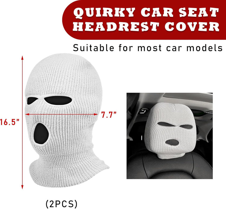 2 PCS Car Headrest Cover, Personalized Funny Car Seat Full Face Mask, Ski Mask Wrap Protection for Auto Front Seat Rest Decoration, Universal Interior Car Accessories (White)