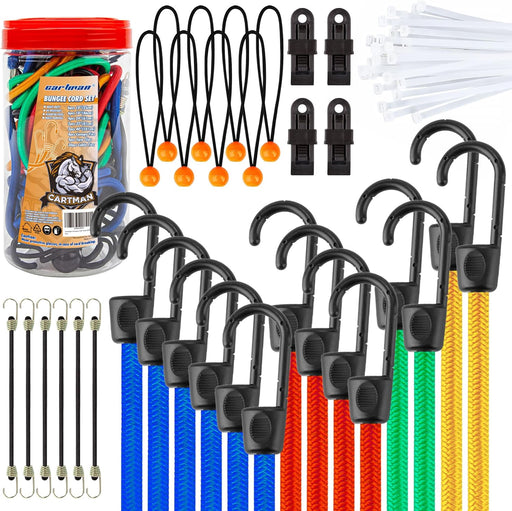 32 Piece Bungee Cords Assortment Jar Includes 10" 18" 24" 32" 40" Bungee Cord with Hooks, 8" Canopy Tarp Ball Ties and Tarp Clips