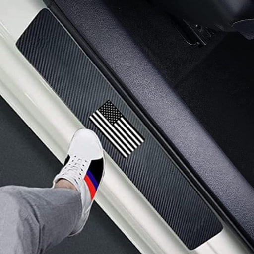 Set of 4 American Flag Carbon Fiber Car Door Sill Protectors - Decorative Entry Guard Scratch Pad Film for Auto, Truck, SUV Front/Rear Doors (Black White American Flag)