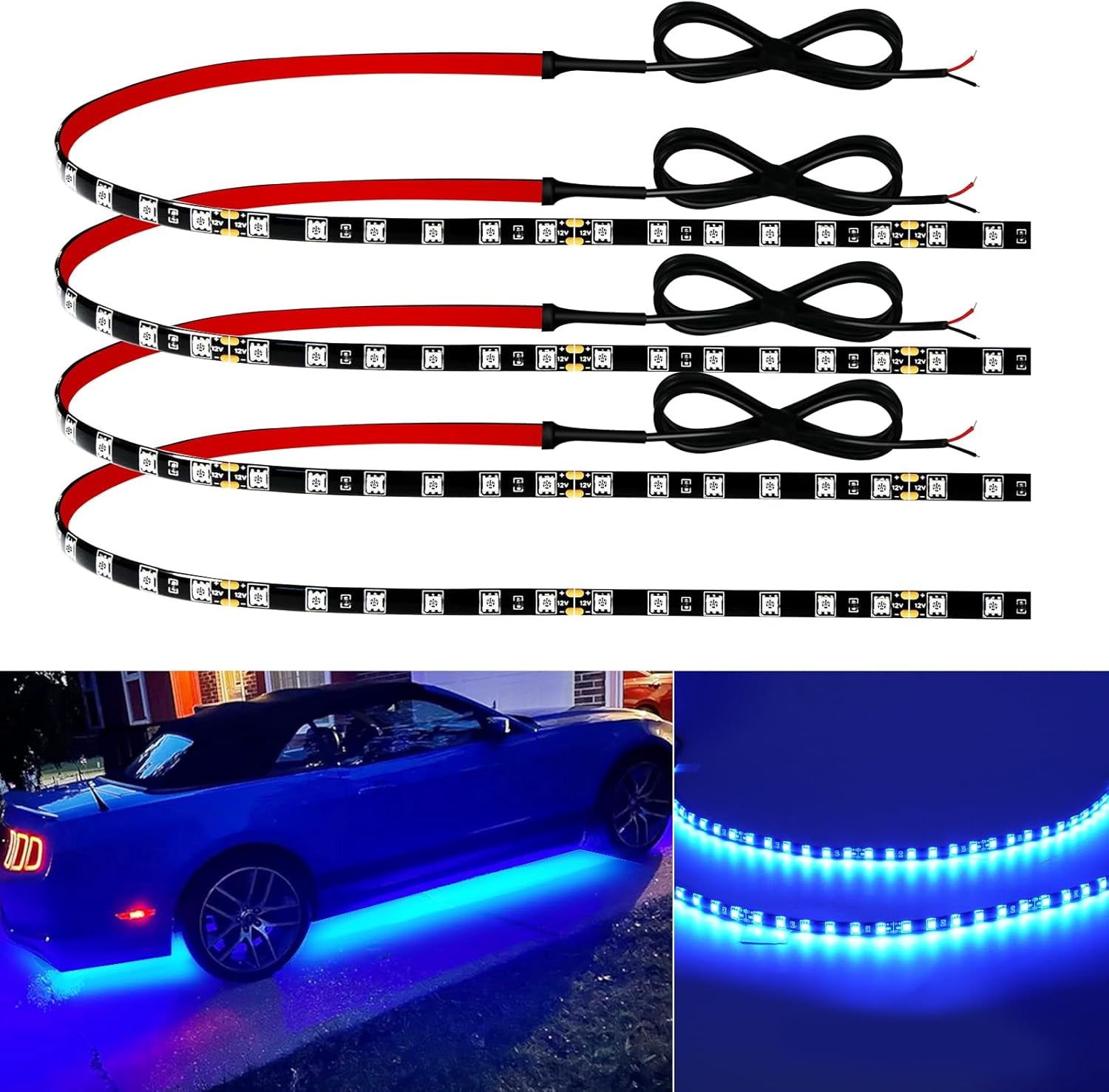 Car Led Strip Lights 24" Connectable Blue Led Light Strip for Cars Boat Marine Golf Cart Trucks Waterproof 12V Led Light Strip, 4Pack